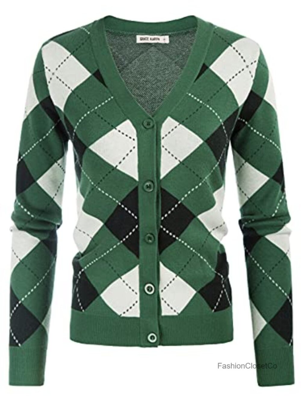 V-Neck Button Down Argyle Cardigan Sweater Slim Fit Long Sleeve Knit
